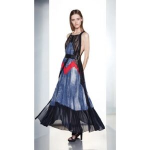 BCBG pleated lace blue black and coral evening dress